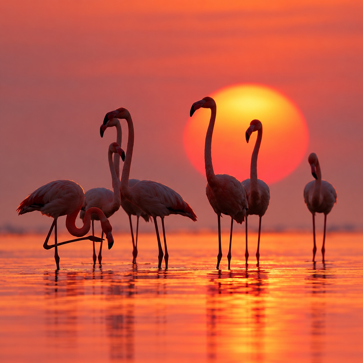 A flock of greater flamingos (Phoenicopterus roseus) - Bundala Bird Sanctuary